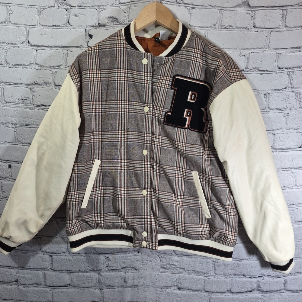 H&M DIVIDED Varsity Jacket Snap Up Brown Beige Plaid‎ Womens XS Preppy Casual